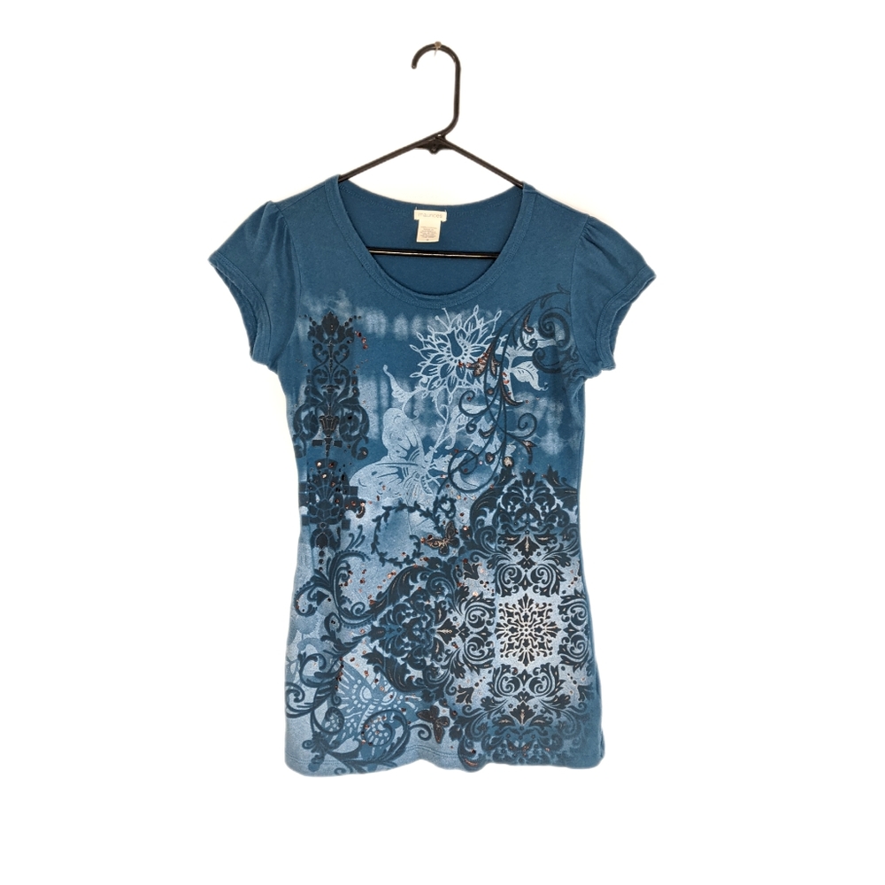 Vintage Blue Butterfly Floral Scoop Neck Y2K Barbiecore Tumblr Girl Fitted Tee